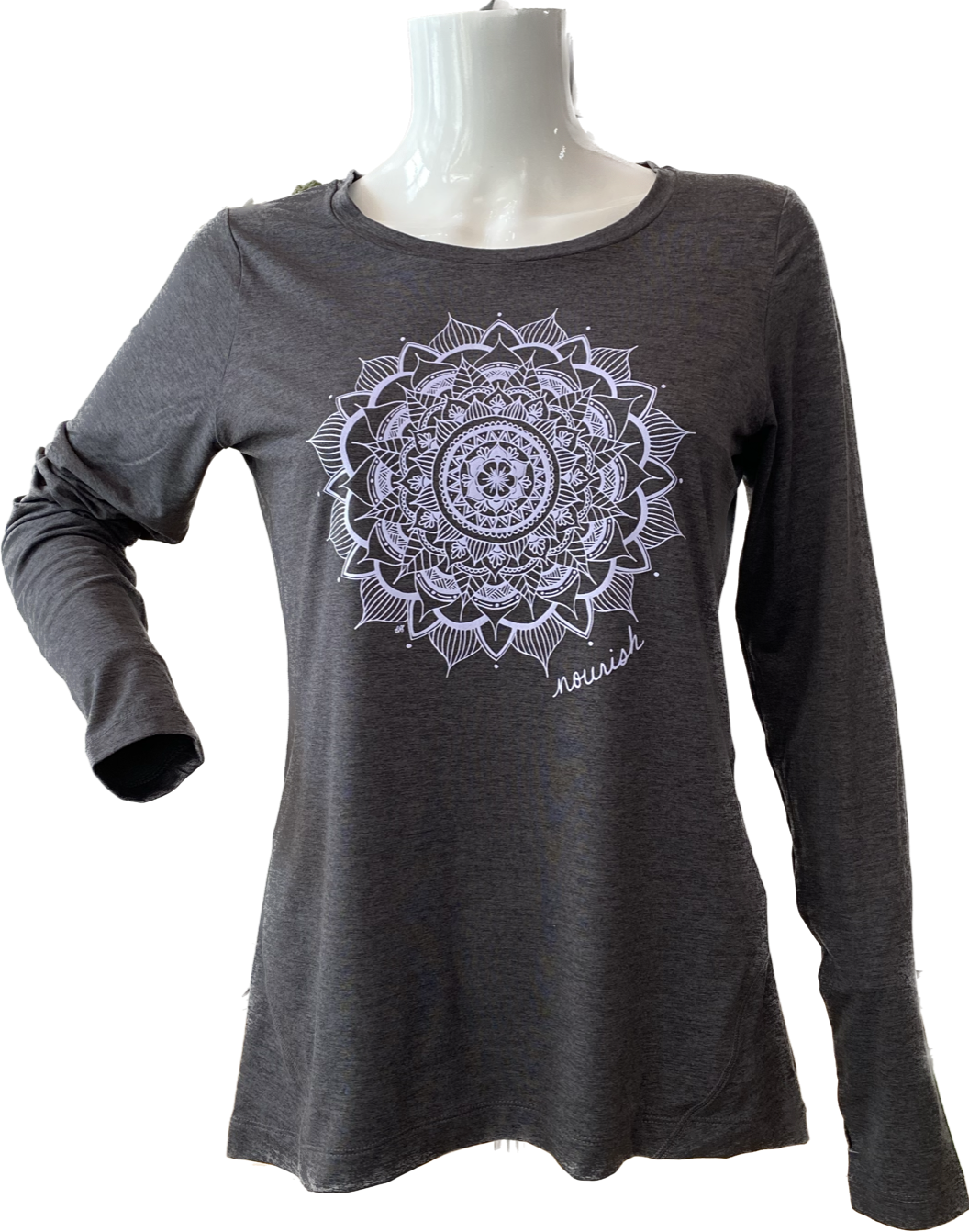 Product Image : Front View - Women's Long-sleeved Athletic Crew - Grey with large light lavender mandala design in the center