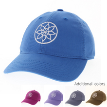 Load image into Gallery viewer, Product Image : Front View - Baseball style cap with mandala design on front in white - main image shows blue hat but also show other available colors - Lavender, Grey, Olive Green, and Fuschia