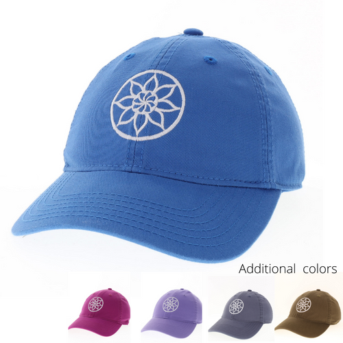 Product Image : Front View - Baseball style cap with mandala design on front in white - main image shows blue hat but also show other available colors - Lavender, Grey, Olive Green, and Fuschia