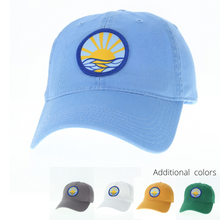 Load image into Gallery viewer, Product Image : Front View -Baseball style cap with sun mandala embroidered patch - on light blue hat - also showing additional colors - Gray, White, Yellow and Green