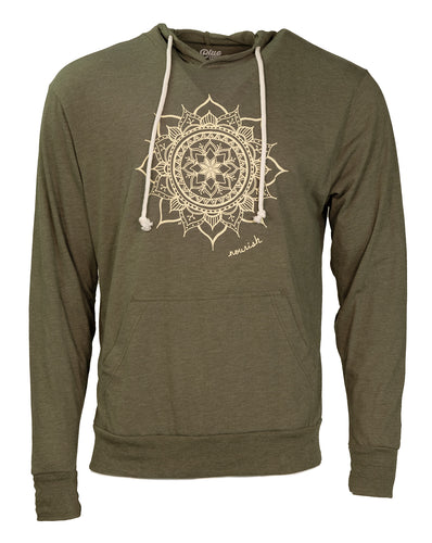 Product Image - Front - Unisex Forest Green Long-Sleeved Hooded T-Shirt with ivory mandala design in the center