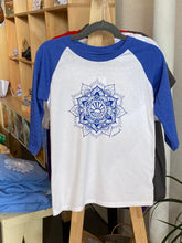 Load image into Gallery viewer, Product Image : Front View - Youth 3/4 sleeve white T-shirt with Blue sleeves with a large blue sun mandala design in the center