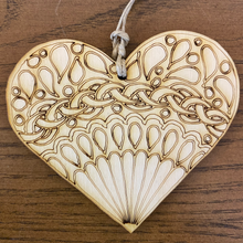 Load image into Gallery viewer, Product Image: Color your own wooden ornament. Heart shape with a fan style mandala design 