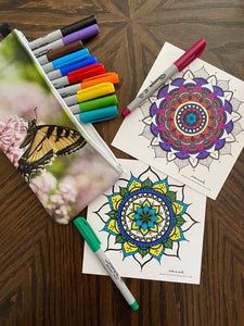 Coloring cards partially colored with markers and a butterfly pencil case