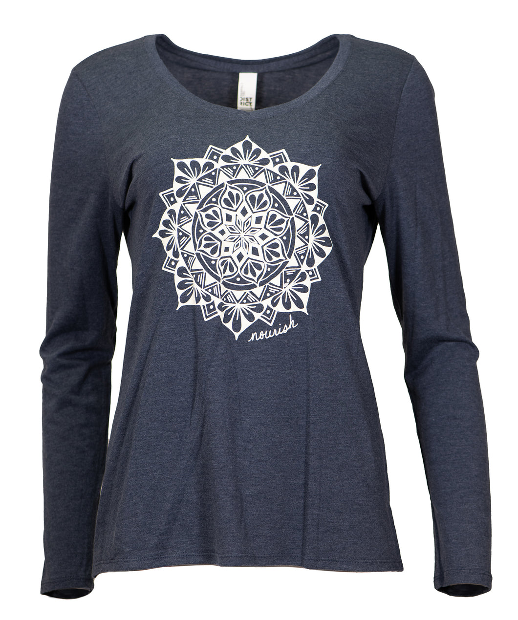 Product Image : Front View - Women's Long-sleeve V-neck Tee - Navy with a large white mandala design in the center