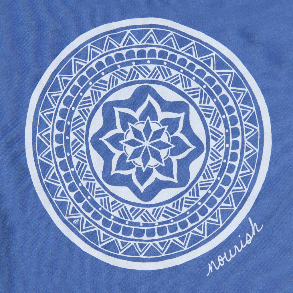 Close up image of the mandala on  Blue shirt