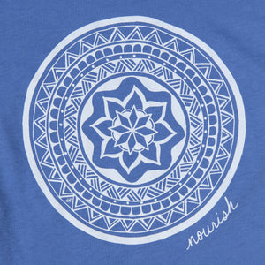 Close up image of the mandala on  Blue shirt