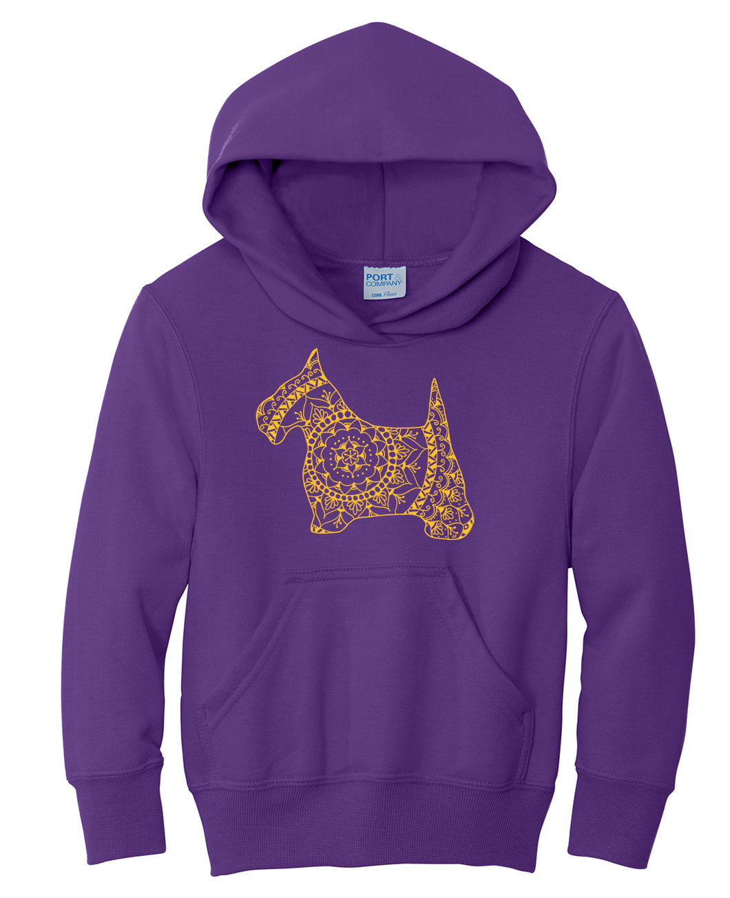 Product Image : Ballston Spa Scotty Youth Hooded Sweatshirt  - Purple with Gold / Yellow Scottie dog mandala design - Centered on front of sweatshirt