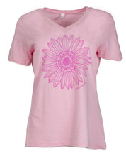 Load image into Gallery viewer, Product Image - Front View - Women&#39;s V-neck Tee in light pink with a large dark pink sunflower design in the center