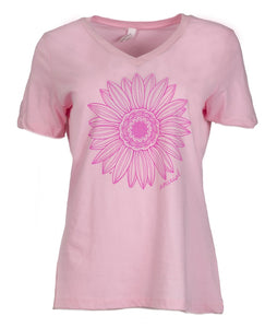 Product Image - Front View - Women's V-neck Tee in light pink with a large dark pink sunflower design in the center