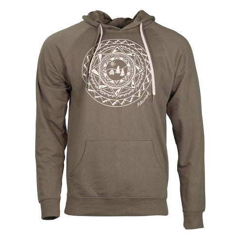 Image of the front of our olive pullover sweatshirt with the hand drawn ADK mandala design 
