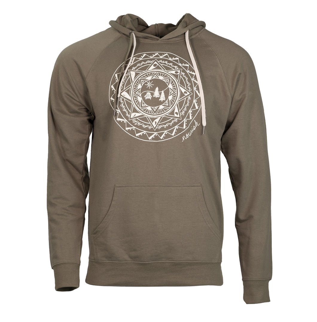 Image of the front of our olive pullover sweatshirt with the hand drawn ADK mandala design 