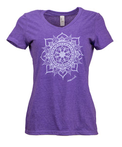 Product Image : Front View - Women's Purple V-neck Tee with large mandala design in the center