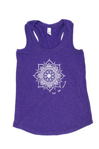 Product Image : Front View - Women's Racerback Mandala Tank with white mandala design in the center