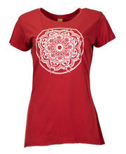 Load image into Gallery viewer, Product Image : Front View - Red Women&#39;s Bamboo  Crew-Neck T-Shirt with a large white mandala design in the center