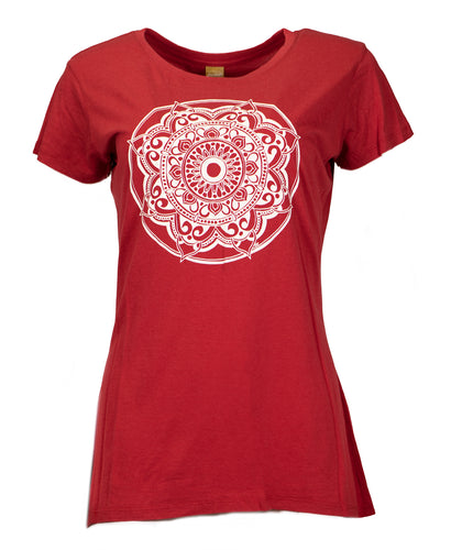 Product Image : Front View - Red Women's Bamboo  Crew-Neck T-Shirt with a large white mandala design in the center