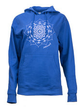 Load image into Gallery viewer, Front view image of the Royal Blue hooded sweatshirt with white mandala design. 