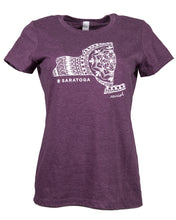 Load image into Gallery viewer, Product Image : Back View - Heathered Eggplant Unisex Saratoga Mandala Crew-neck Tee with large NYS outlined filled with mandala designs in the center - Saratoga is represented with a star and the word saratoga is written under the design