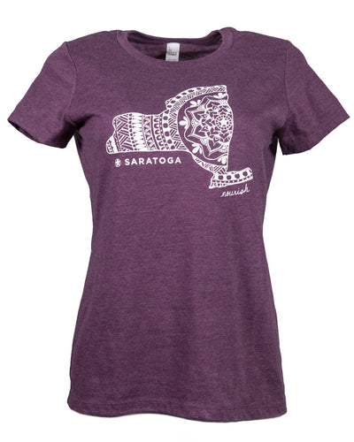 Product Image : Back View - Heathered Eggplant Unisex Saratoga Mandala Crew-neck Tee with large NYS outlined filled with mandala designs in the center - Saratoga is represented with a star and the word saratoga is written under the design