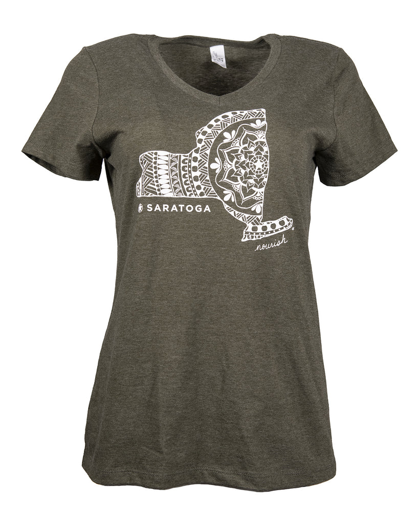 Product Image : Front View - olive green  Unisex Saratoga Mandala V-neck Tee with large NYS outlined filled with mandala designs in the center - Saratoga is represented with a star and the word saratoga is written under the design