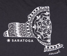 Load image into Gallery viewer, Close up of the mandala filled NYS outline with Saratoga where the star is and the words Saratoga below as well as the word nourish