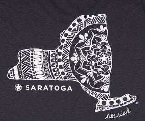 Close up of the mandala filled NYS outline with Saratoga where the star is and the words Saratoga below as well as the word nourish