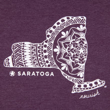 Load image into Gallery viewer, Close-up of the large white Saratoga Springs mandala design on eggplant. 