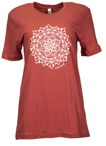 Product Image : Front View - Unisex Nantucket Red Crew neck Tee with large ivory mandala design in the center 
