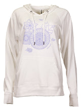 Load image into Gallery viewer, White hooded pullover sweatshirt with lavender flower based mandala design 