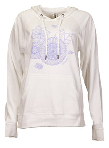 White hooded pullover sweatshirt with lavender flower based mandala design 