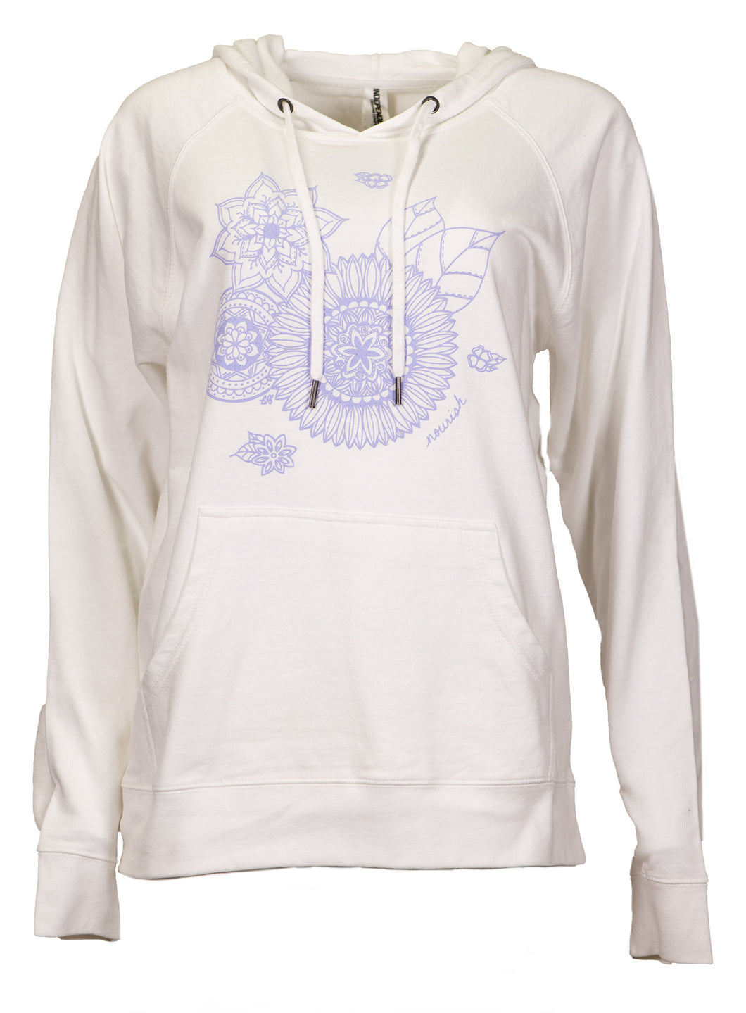 White hooded pullover sweatshirt with lavender flower based mandala design 