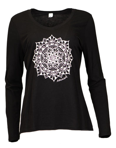 Product Image : Front View - Women's Longsleeve V-neck Tee - Black with large white mandala design in the center