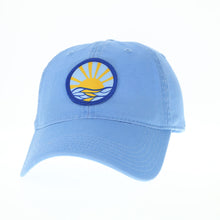 Load image into Gallery viewer, Product Image : Front View -Baseball style cap with sun mandala embroidered patch - on light blue hat 