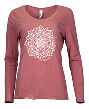 Load image into Gallery viewer, Product Image : Front View - Women&#39;s Long-sleeve V-neck Tee - Blush  with a large ivory mandala design in the center