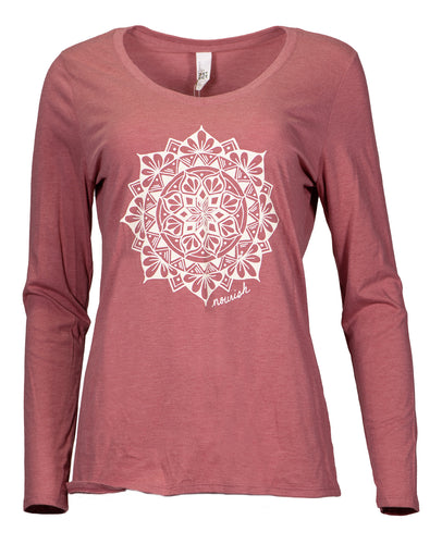 Product Image : Front View - Women's Long-sleeve V-neck Tee - Blush  with a large ivory mandala design in the center