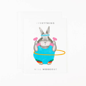 Product Image: Notecard of Bunny with workout gear and text - Everything will Workout