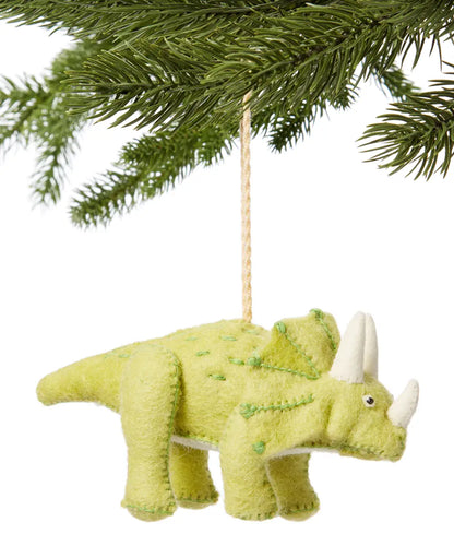 Product image : Green Felt Triceratops hanging from evergreen tree
