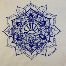Load image into Gallery viewer, Close-up view of the blue sun mandala design on white