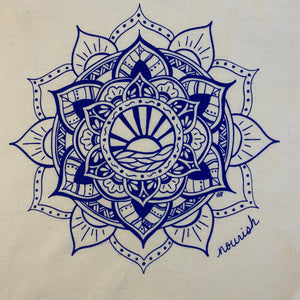 Close-up view of the blue sun mandala design on white