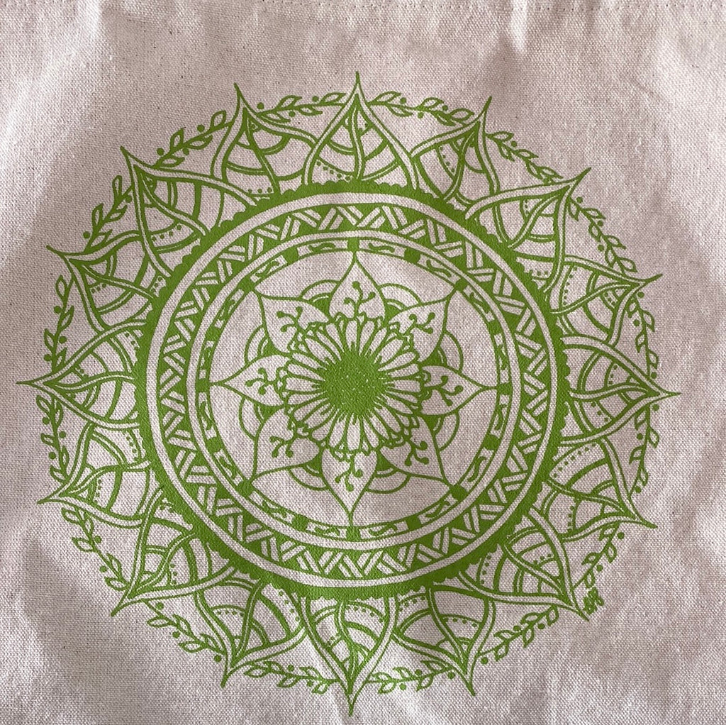 Close up Image of Green Mandala on Natural Tote bag