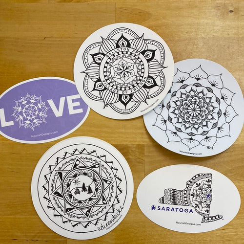 Product Image : a view of stickers with the  Love, Ballston Spa, Flower Design, Adirondack design and Saratoga Designs. 