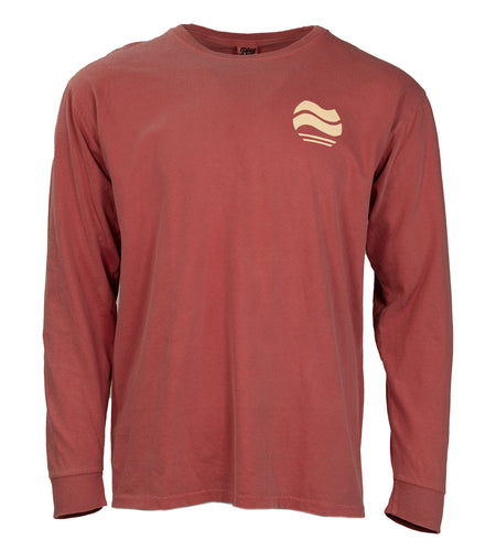Product Image : Nantucket Red Unisex Cotton Long-Sleeved Crew with a small ivory abstract wave design - left chest 