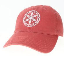 Load image into Gallery viewer, Product Image - Front View - Red Baseball style hat with embroidered Snowflake mandala in white