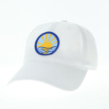 Load image into Gallery viewer, Product Image : Front View -Baseball style cap with sun mandala embroidered patch - on white hat 