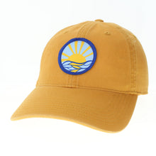 Load image into Gallery viewer, Product Image : Front View -Baseball style cap with sun mandala embroidered patch - on yellow hat 